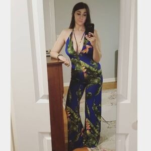 Forever 21 Jumpsuit, Size L, Tropical Leaf Blue Tie Halter Jumpsuit, Gibiu brand